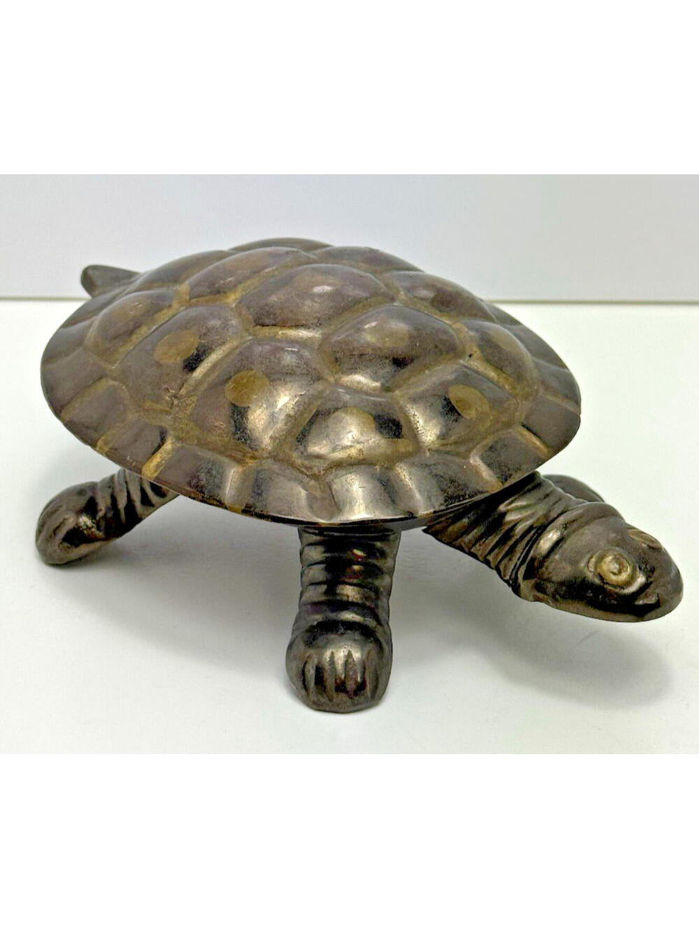 Vtg Brass Turtle Trinket Dish Ashtray MISSING LEG Hinge Patina 6"L